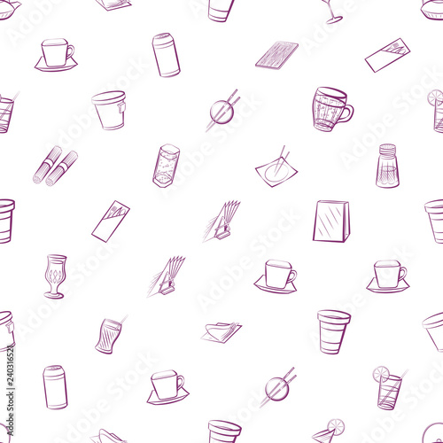 Drinks, Japanese food and Table setting set. Background for printing, design, web. Usable as icons. Seamless. Color.