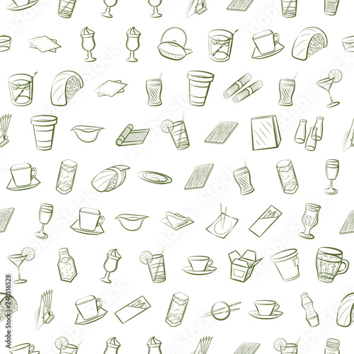 Drinks, Japanese food and Table setting set. Background for printing, design, web. Usable as icons. Seamless. Color.