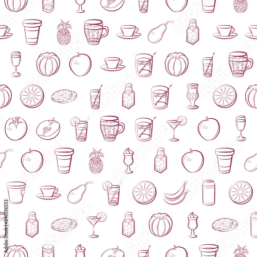 Drinks and Fruits set. Background for printing, design, web. Usable as icons. Seamless. Color.