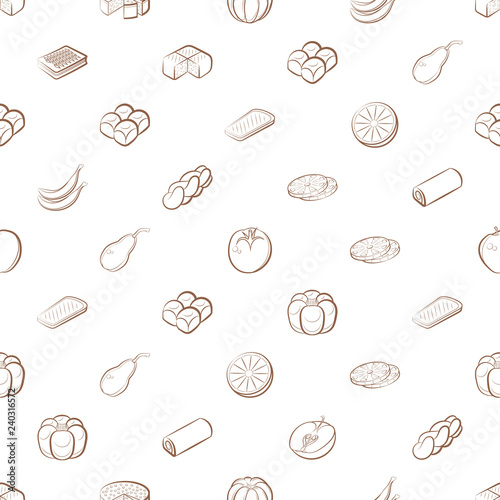 Bakery products and Fruits set. Background for printing, design, web. Usable as icons. Seamless. Color.