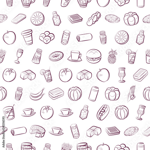 American food, Bakery products, Drinks, Fruits and Table setting set. Background for printing, design, web. Usable as icons. Seamless. Color.
