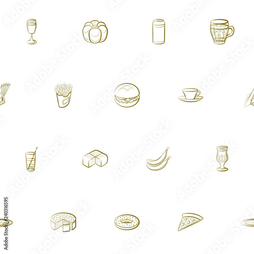 American food, Bakery products, Drinks, Fruits and Table setting set. Background for printing, design, web. Usable as icons. Seamless. Color.