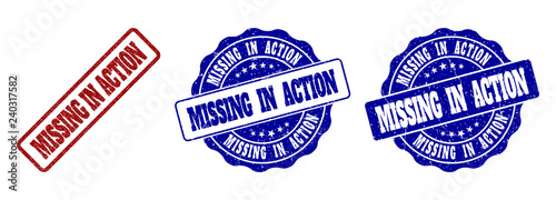 MISSING IN ACTION grunge stamp seals in red and blue colors. Vector MISSING IN ACTION signs with grunge effect. Graphic elements are rounded rectangles, rosettes, circles and text labels.