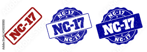 NC-17 grunge stamp seals in red and blue colors. Vector NC-17 imprints with grunge effect. Graphic elements are rounded rectangles, rosettes, circles and text tags.