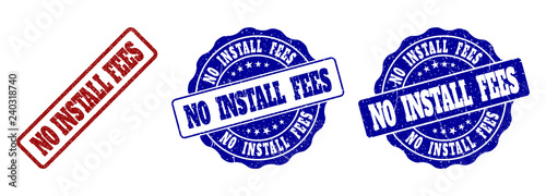NO INSTALL FEES grunge stamp seals in red and blue colors. Vector NO INSTALL FEES marks with grunge texture. Graphic elements are rounded rectangles, rosettes, circles and text captions.