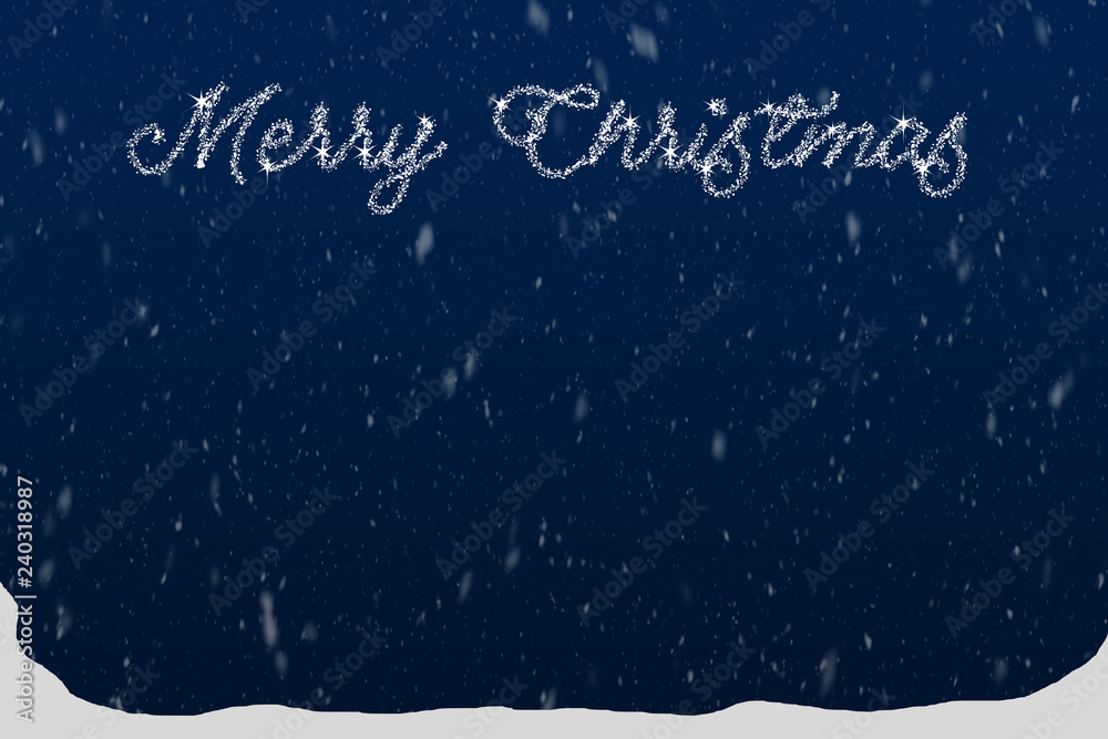 Merry Christmas typography on gradient dark blue background with snow. Beautiful Christmas background with shiny silver gritter typography. Christmas greeting card text.