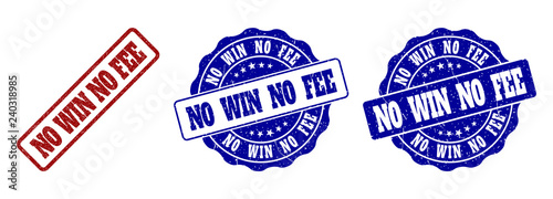 NO WIN NO FEE grunge stamp seals in red and blue colors. Vector NO WIN NO FEE marks with draft texture. Graphic elements are rounded rectangles, rosettes, circles and text tags.
