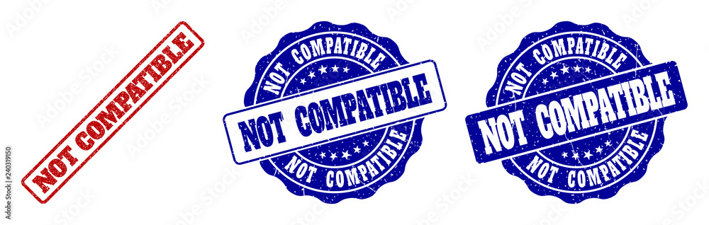 Fototapeta premium NOT COMPATIBLE grunge stamp seals in red and blue colors. Vector NOT COMPATIBLE signs with grunge texture. Graphic elements are rounded rectangles, rosettes, circles and text labels.