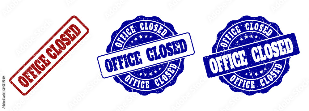 OFFICE CLOSED grunge stamp seals in red and blue colors. Vector OFFICE CLOSED signs with grunge surface. Graphic elements are rounded rectangles, rosettes, circles and text titles.