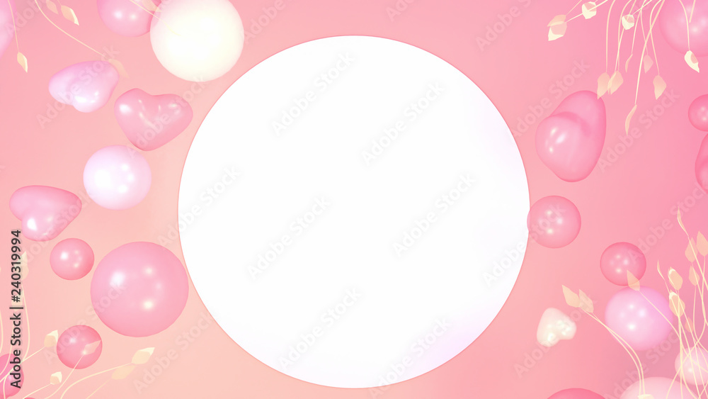 Pink heart shape balloons and golden leaves frame. 3d rendering picture.