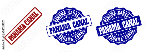 PANAMA CANAL grunge stamp seals in red and blue colors. Vector PANAMA CANAL watermarks with grunge surface. Graphic elements are rounded rectangles, rosettes, circles and text captions.