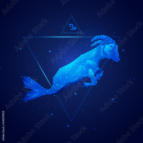 capricorn horoscope sign in twelve zodiac with galaxy stars background, graphic of wireframe goat 