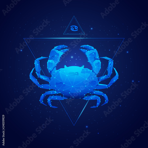 cancer horoscope sign in twelve zodiac with galaxy stars background, graphic of wireframe crab