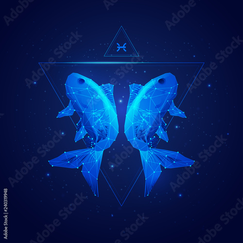vector of pisces horoscope sign in twelve zodiac with galaxy stars background, vector of polygonal fish photo