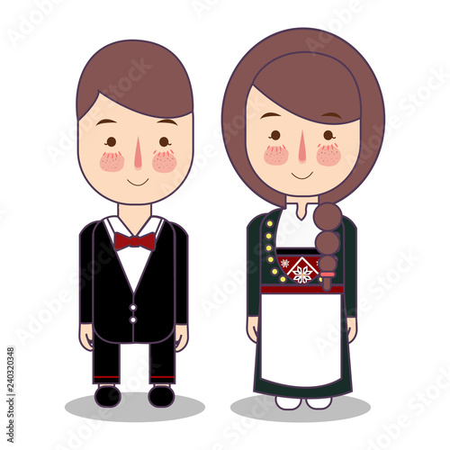 traditional national clothes of Norwegian Bunad. Set of cartoon characters in traditional costume. Cute people. flat illustrations.
