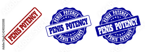 PENIS POTENCY scratched stamp seals in red and blue colors. Vector PENIS POTENCY labels with draft style. Graphic elements are rounded rectangles, rosettes, circles and text labels.