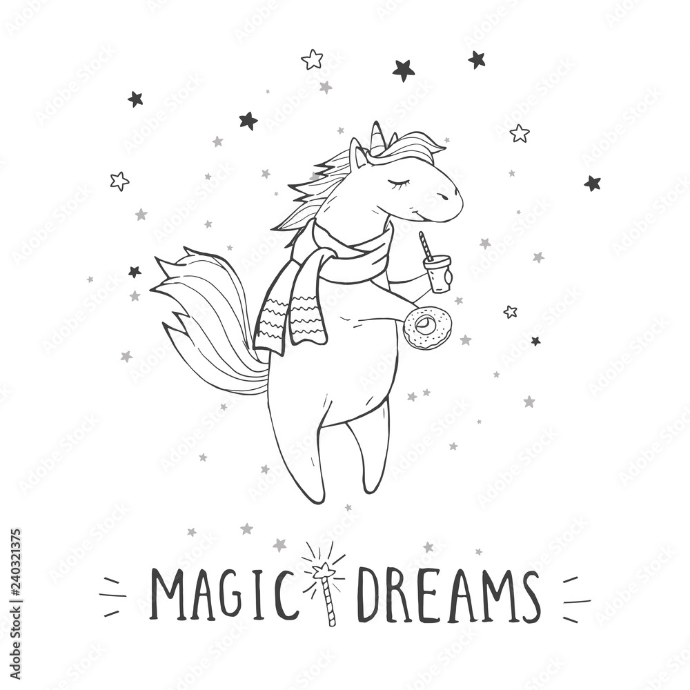 Vector illustration of hand drawn cute unicorn in scarf with stars, coffee and text – MAGIC DREAMS on withe background. Vector illustration of hand drawn cute unicorn in scarf with stars, coffee and text – MAGIC DREAMS on withe background.