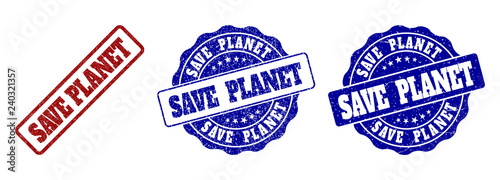 SAVE PLANET grunge stamp seals in red and blue colors. Vector SAVE PLANET watermarks with grunge surface. Graphic elements are rounded rectangles, rosettes, circles and text titles.