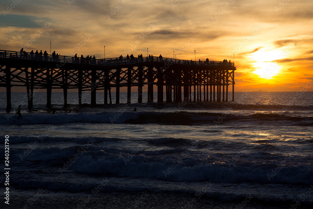 Sunset over the Crystal Pier in Pacific Beach, San Diego