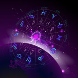Vector illustration of Horoscope circle in perspective, Zodiac signs and pictograms astrology planets against the space background.