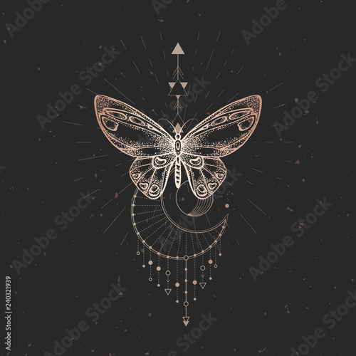 Vector illustration with hand drawn butterfly and Sacred geometric symbol on black vintage background. Abstract mystic sign.