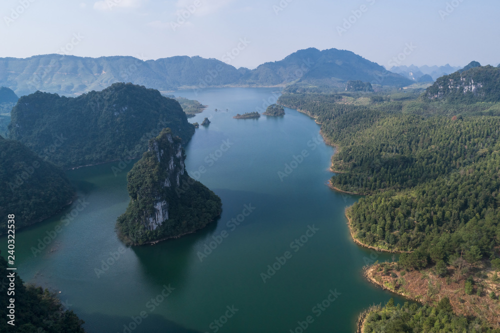 Aerial view of Karst mountains and lake