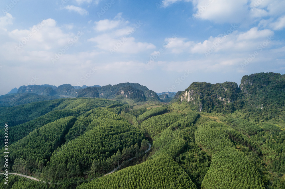 Aerial view of Karst mountains and woodland