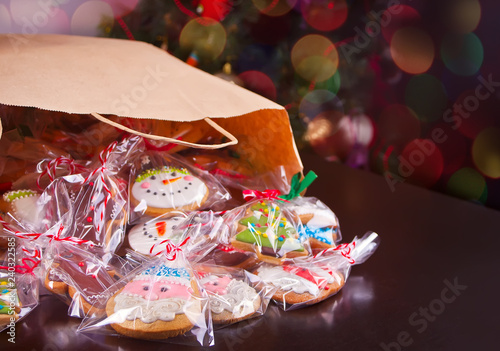 Christmas cookies in a bag on a Christmas background