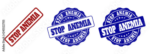 STOP ANEMIA grunge stamp seals in red and blue colors. Vector STOP ANEMIA watermarks with grunge texture. Graphic elements are rounded rectangles, rosettes, circles and text labels.