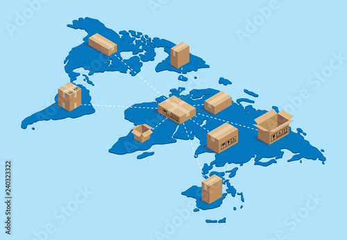 shipping worldwide international with cardboard networking on top of world map isometric