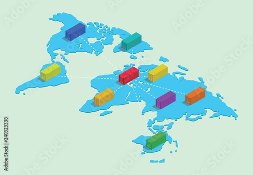 world wide shipping with container network business connected on top of world map isometric