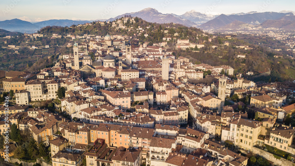 Bergamo, Italy. Drone aerial view of the old town. Landscape at the city center and its historical buildings