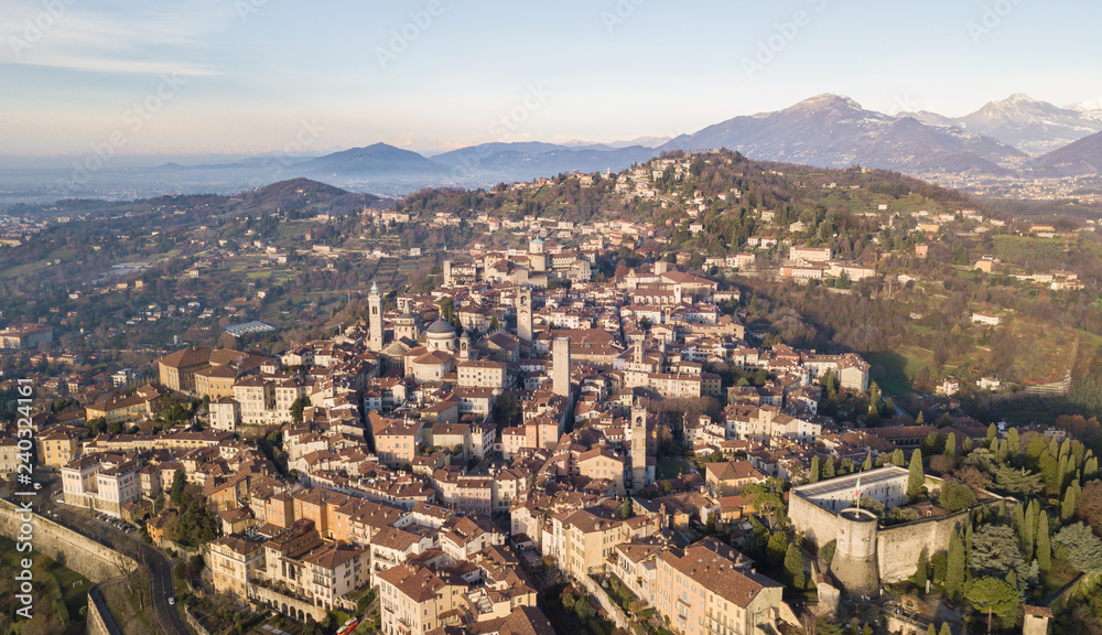Bergamo, Italy. Drone aerial view of the old town. Landscape at the city center and its historical buildings