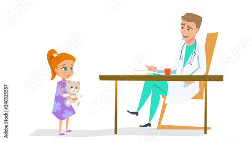 Girl in Pediatrician Doctor Office. Flat Vector.