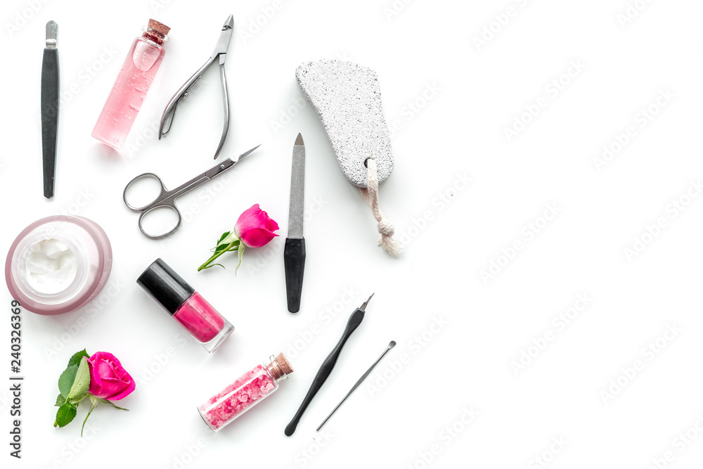 tools for manicure with spa salt and rose on white background top view mock up tools for manicure with spa salt and rose on white background top view mock up