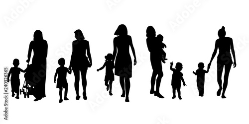 Set of silhouettes of women with children  vector. 