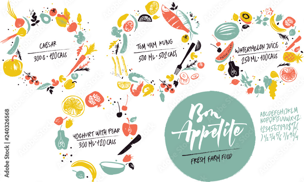 Fototapeta Set of food frames: sea food, vegetables and fruits. Healthy lifestyle eating. Farmers market