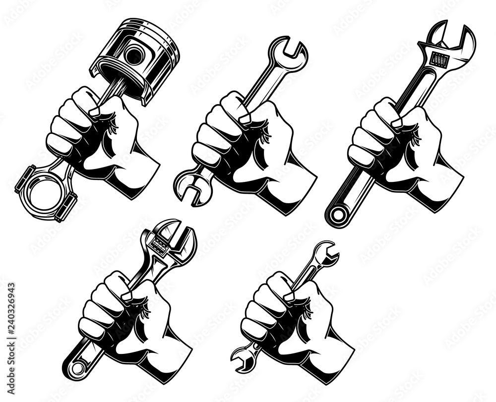 Hand with wrench, car piston.Design element for logo, label, emblem