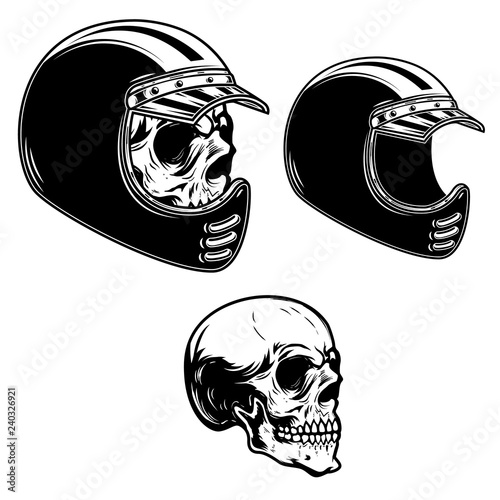 Biker skull in racer helmet in engraving style. Design element for logo, label, emblem, sign, poster, t shirt.