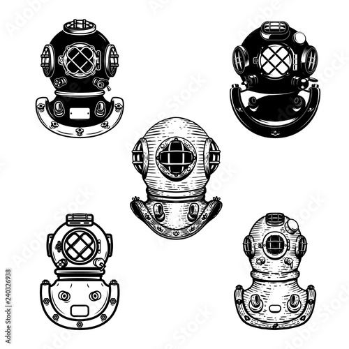 Set of vintage diver helmets. Design element for logo, label, emblem, sign.