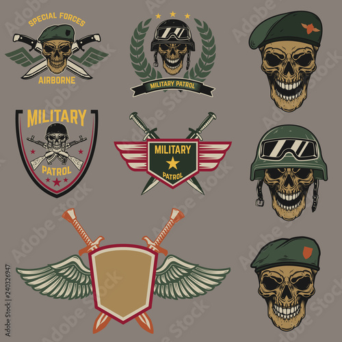Set of military emblems. Paratrooper skull with crossed knives.Design element for logo, label, emblem, sign.