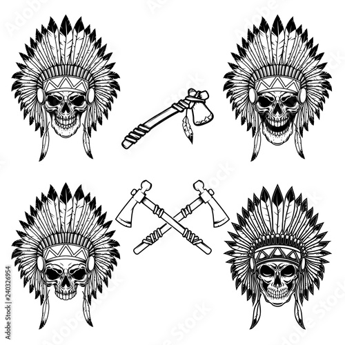Native indian chief skull with crossed tomahawks. Design element for logo, label, emblem, sign.