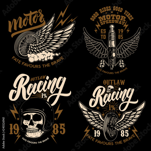 Set of racer emblem templates with motorcycle motor, wheels. wings. Design element for logo, label, emblem, sign, poster, t shirt.