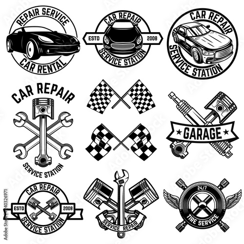 Set of car service station emblems and design elements. For logo, label, sign, banner, t shirt, poster.