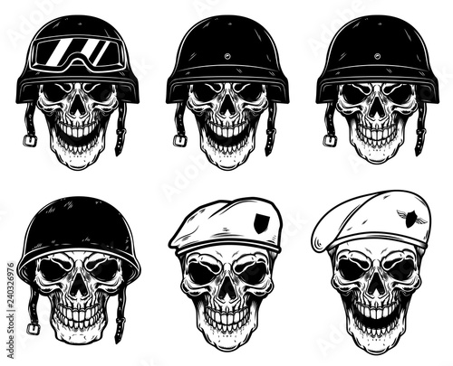 Set of soldier skulls in paratrooper beret, tactical helmet. Design element for logo, label, emblem, sign, poster, t shirt.