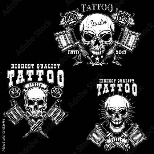 Set of tattoo studio emblem templates. Crossed tattoo machine, skull, roses. Design element for logo, label, sign, poster, t shirt.