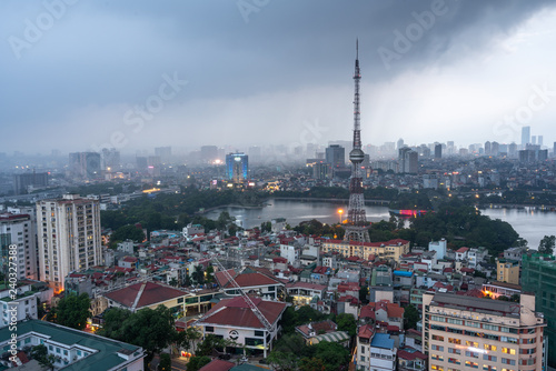 Aerial skyline view of Hanoi city, Vietnam. Hanoi cityscape by sunset period at Hai Ba Trung district viewing from Ba Trieu street