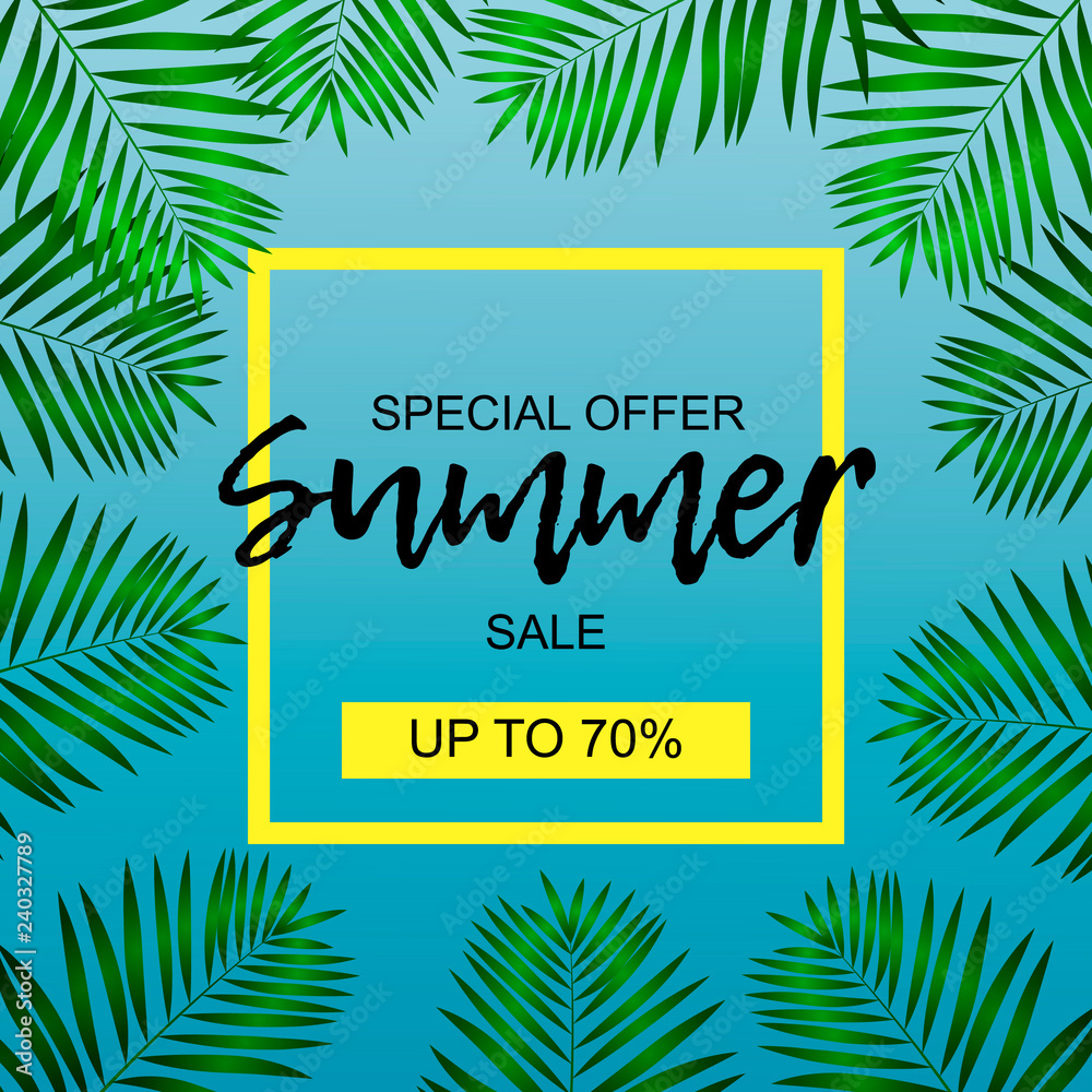 Summer Sale template banner. Space for text. Yellow frame. Colorful jungle background.
