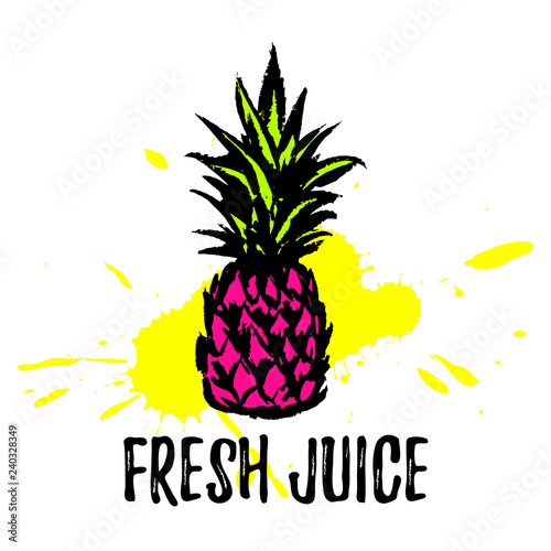 Vector illustration of a hand drawn colorful pineapple isolated on white. Fresh juice text. Summer quote.