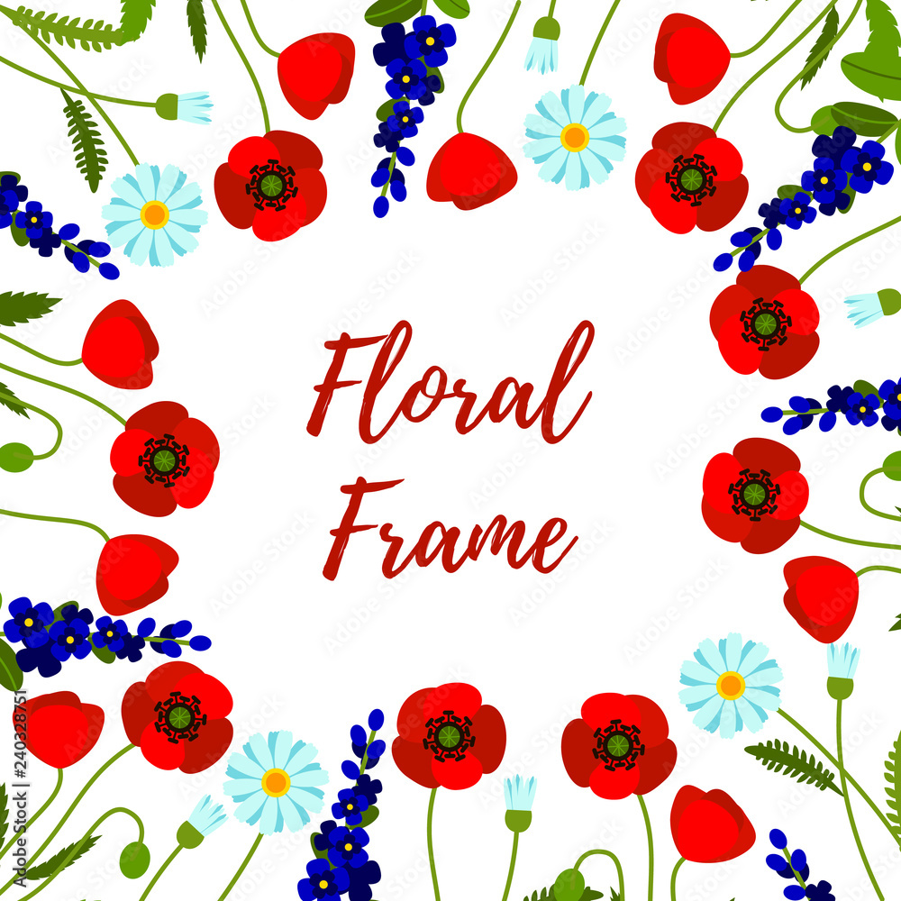 Floral frame of wild flowers. Field flowers background. Vector illustration. Space for text